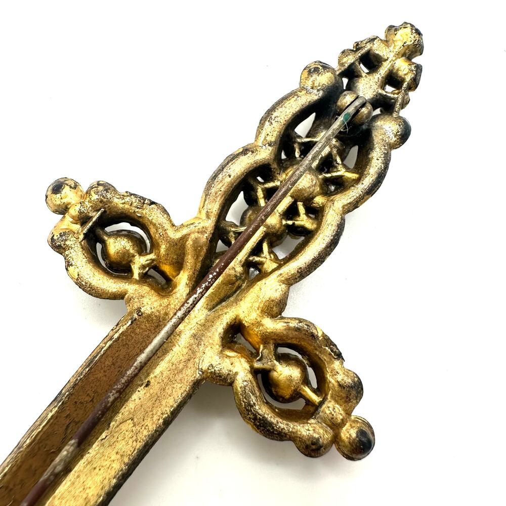 Antique vintage massive 5” gold tone multicolor rhinestones sword dagger brooch - Picture 7 of 7